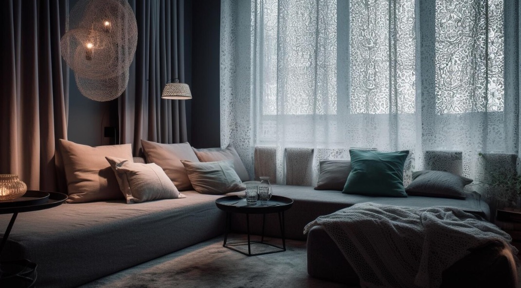 Camera da letto con tende automatizzate al tramonto